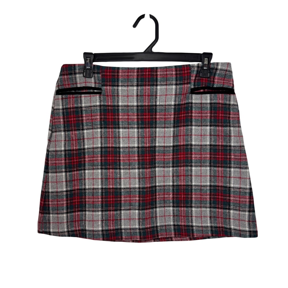 Copper Key Plaid Mini Skirt L Red Grey Tartan A-Line Excellent Velvet Trim